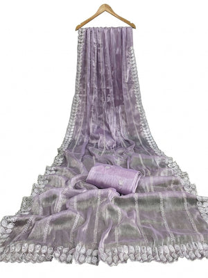Lavender Sequins Embroidered Chiffon Silk Saree - Image 2