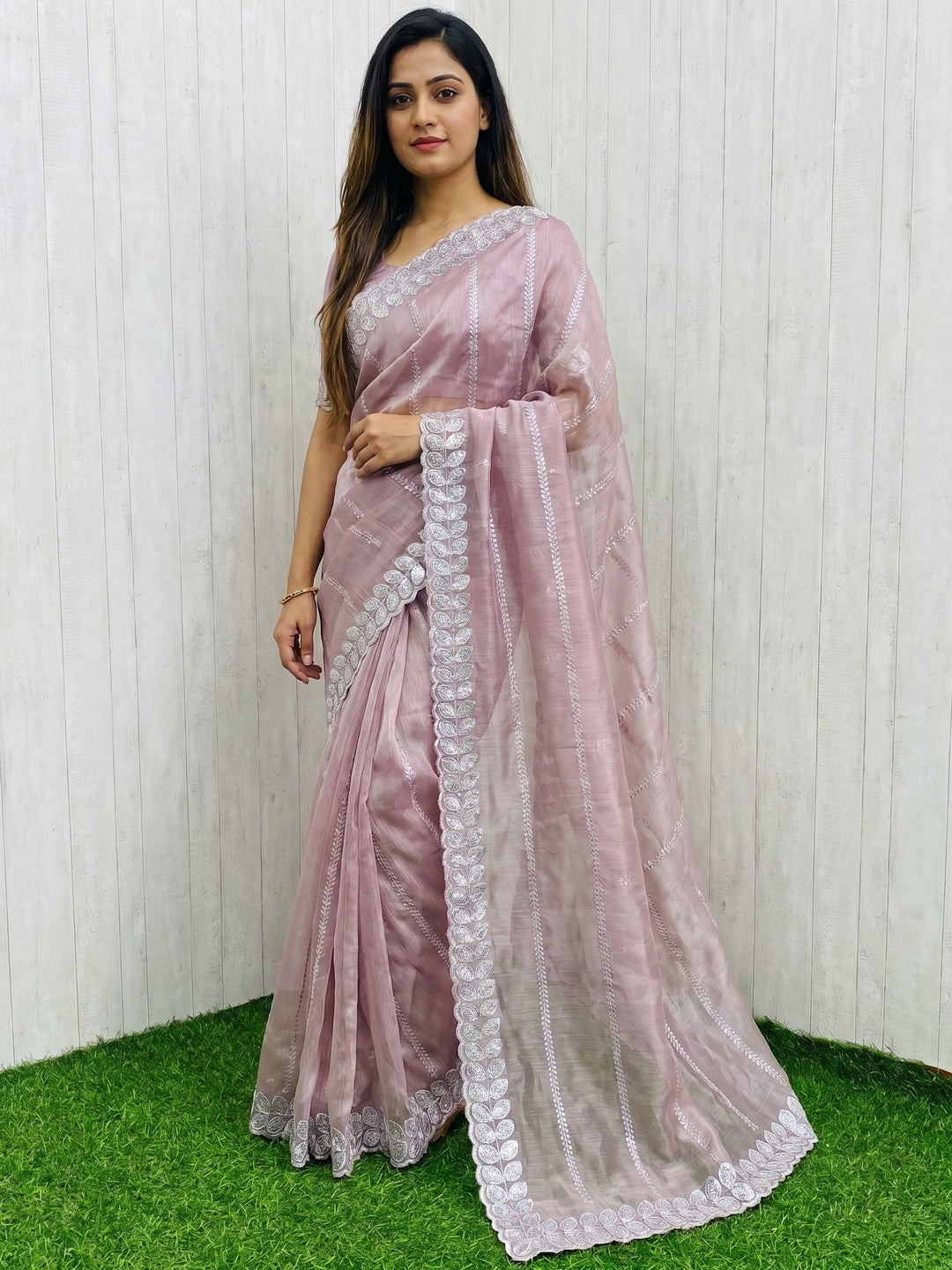 Light Mauve Sequins Embroidered Chiffon Silk Saree - Image 1