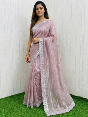 Light Mauve Sequins Embroidered Chiffon Silk Saree - Image 1