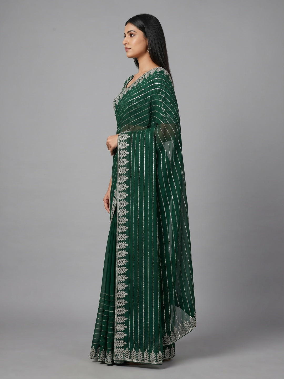 Bottle Green Sequins Embroidered Chiffon Silk Saree - Image 3