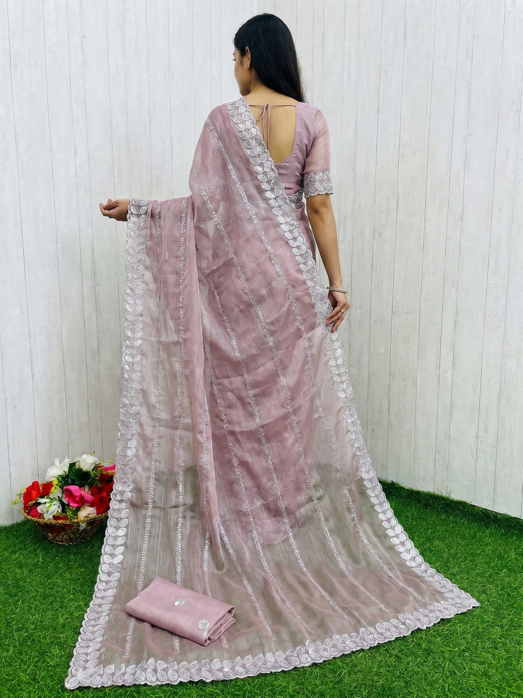 Light Mauve Sequins Embroidered Chiffon Silk Saree - Image 3