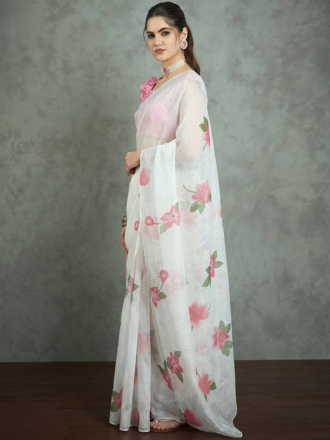 White & Pink Digital Printed Linen Saree - Image 1