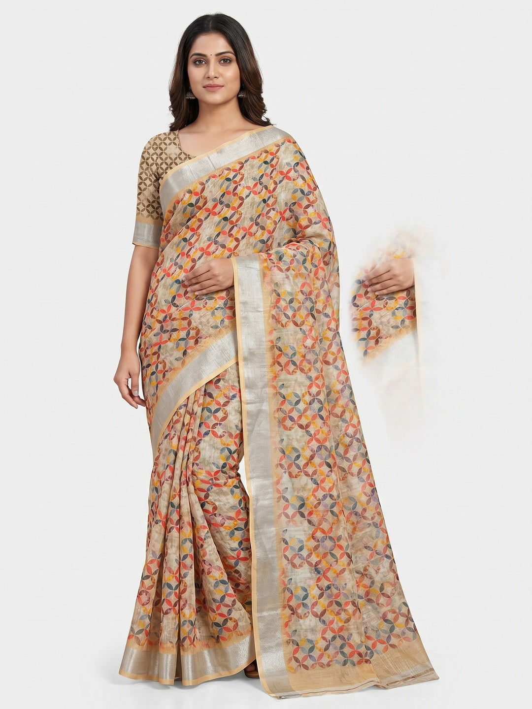 Beige Digital Printed Linen Saree - Image 1
