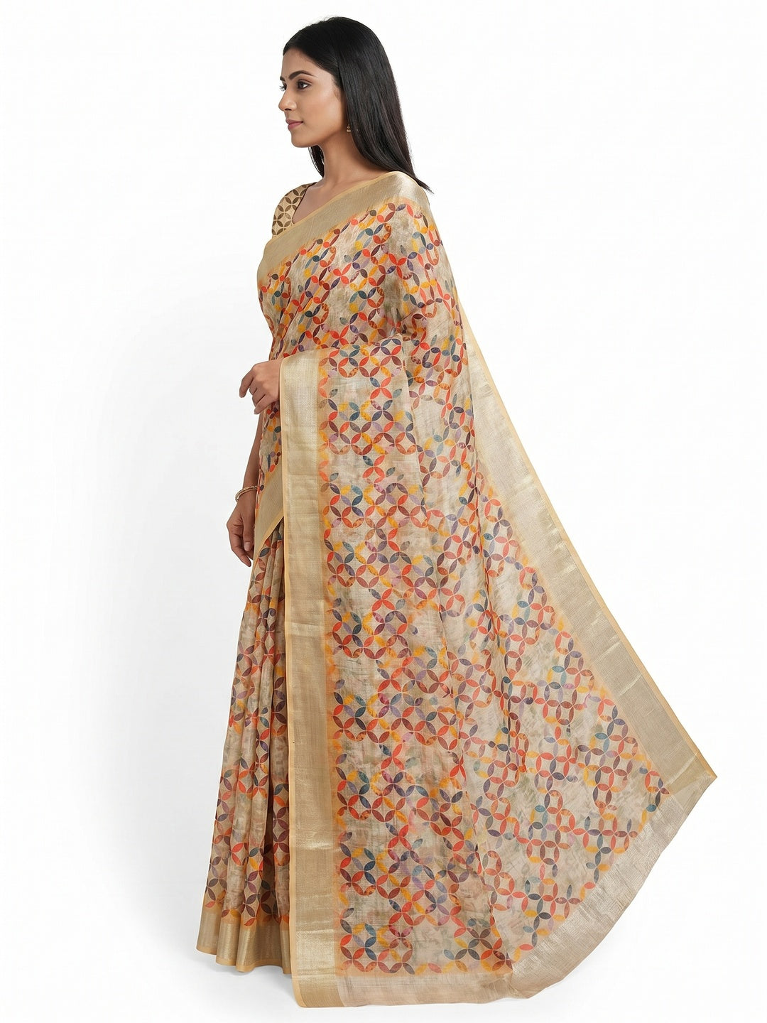 Beige Digital Printed Linen Saree - Image 3