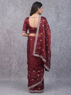 Maroon Sequins Embroidered Chiffon Silk Saree - Image 1