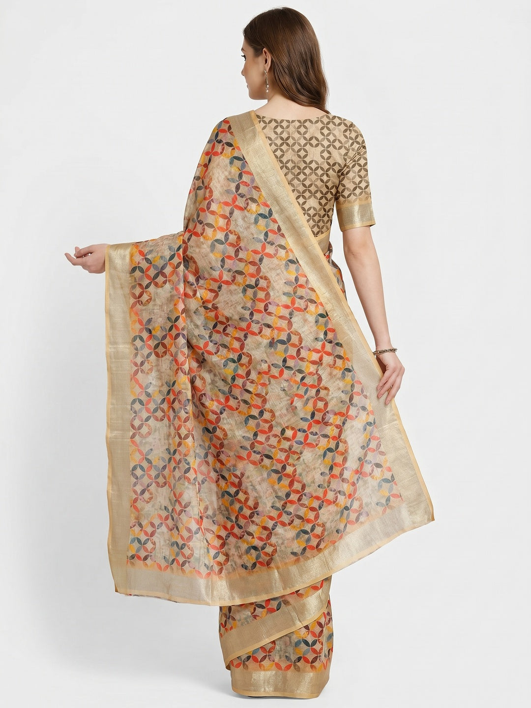Beige Digital Printed Linen Saree - Image 2