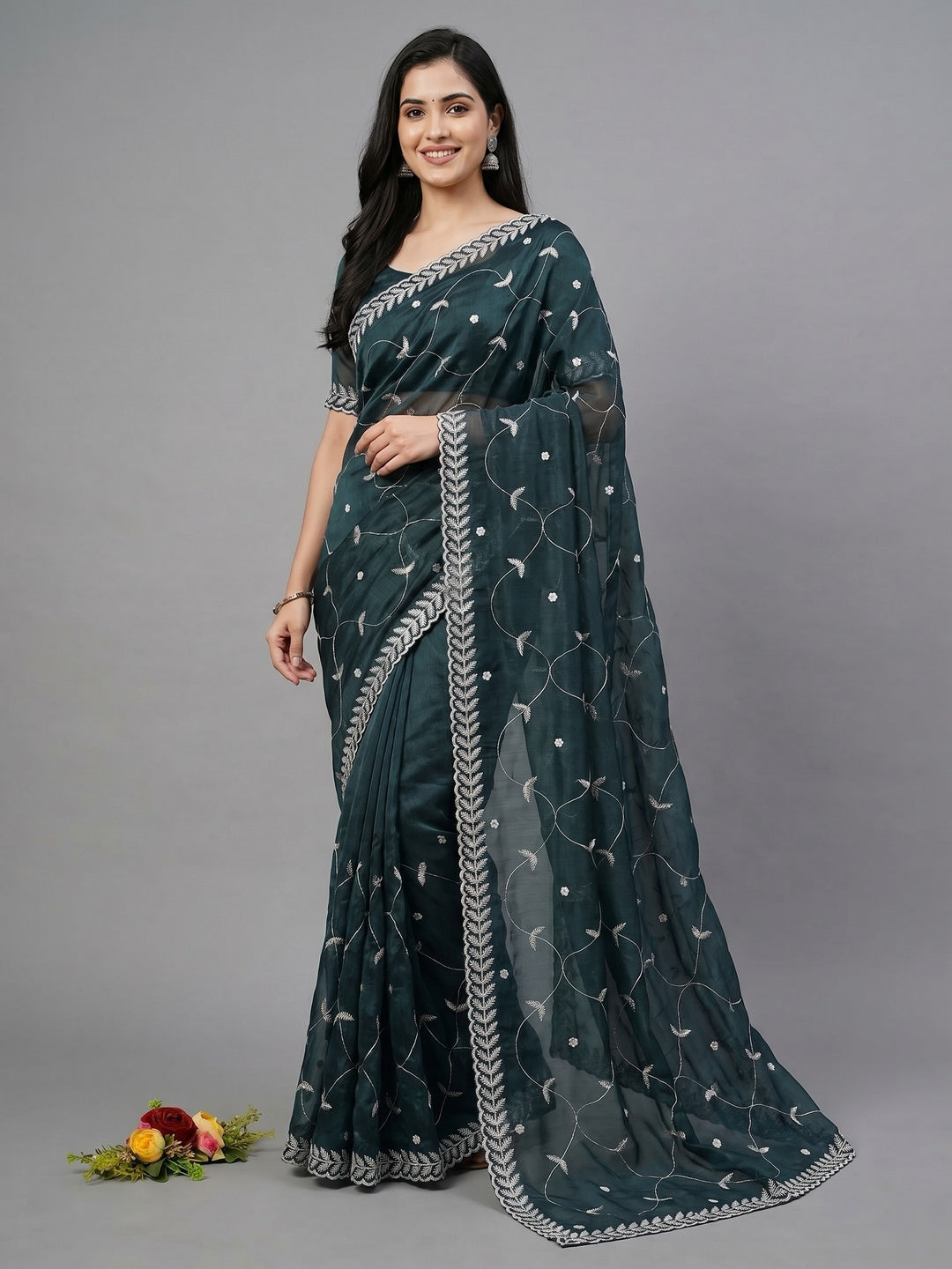 Dark Morpich Sequins Embroidered Chiffon Silk Saree - Image 1
