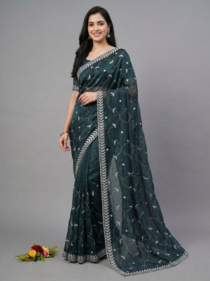 Dark Morpich Sequins Embroidered Chiffon Silk Saree - Image 1