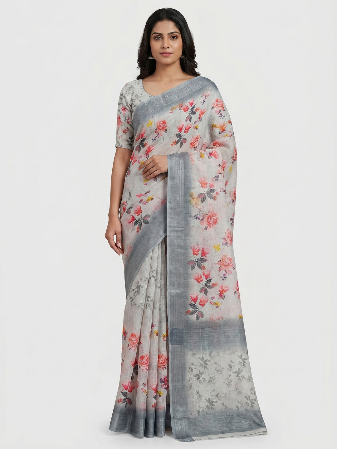 Grey Digital Printed Linen Saree - Image 1