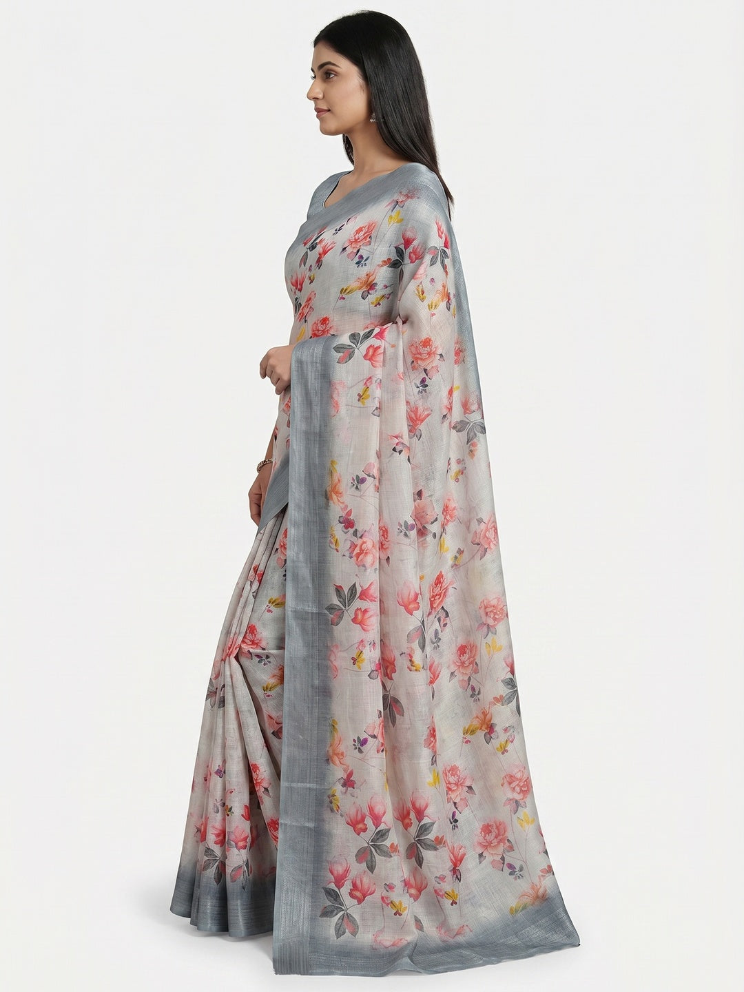 Grey Digital Printed Linen Saree - Image 2