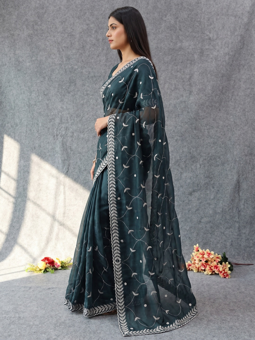 Dark Morpich Sequins Embroidered Chiffon Silk Saree - Image 3