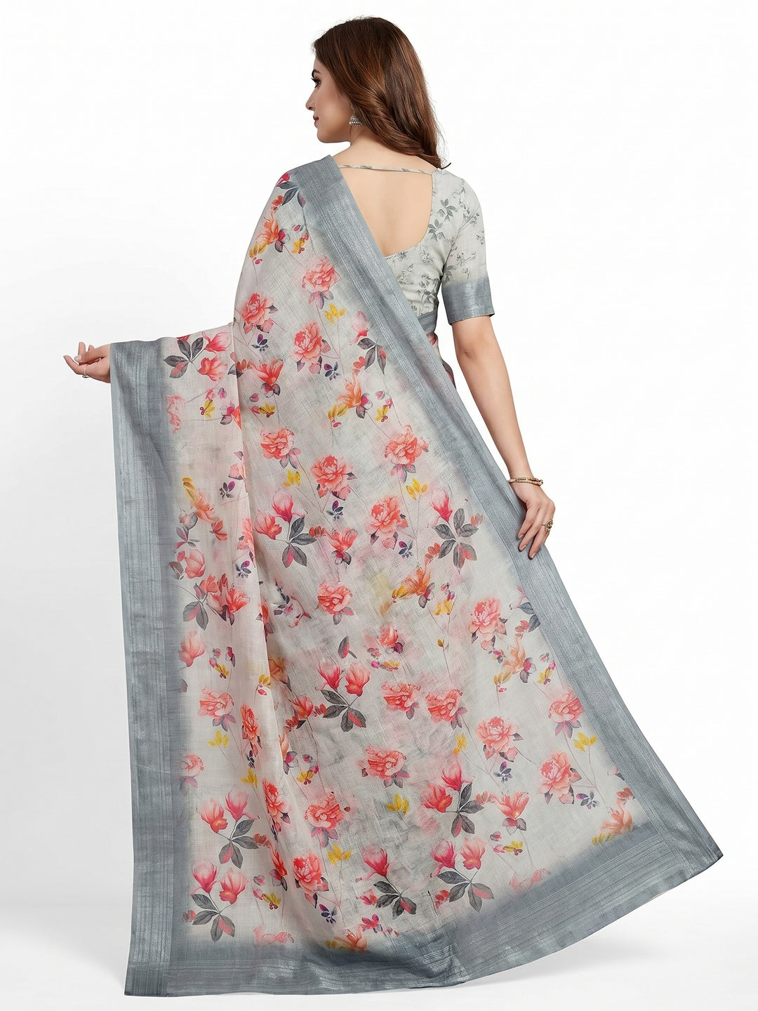 Grey Digital Printed Linen Saree - Image 3