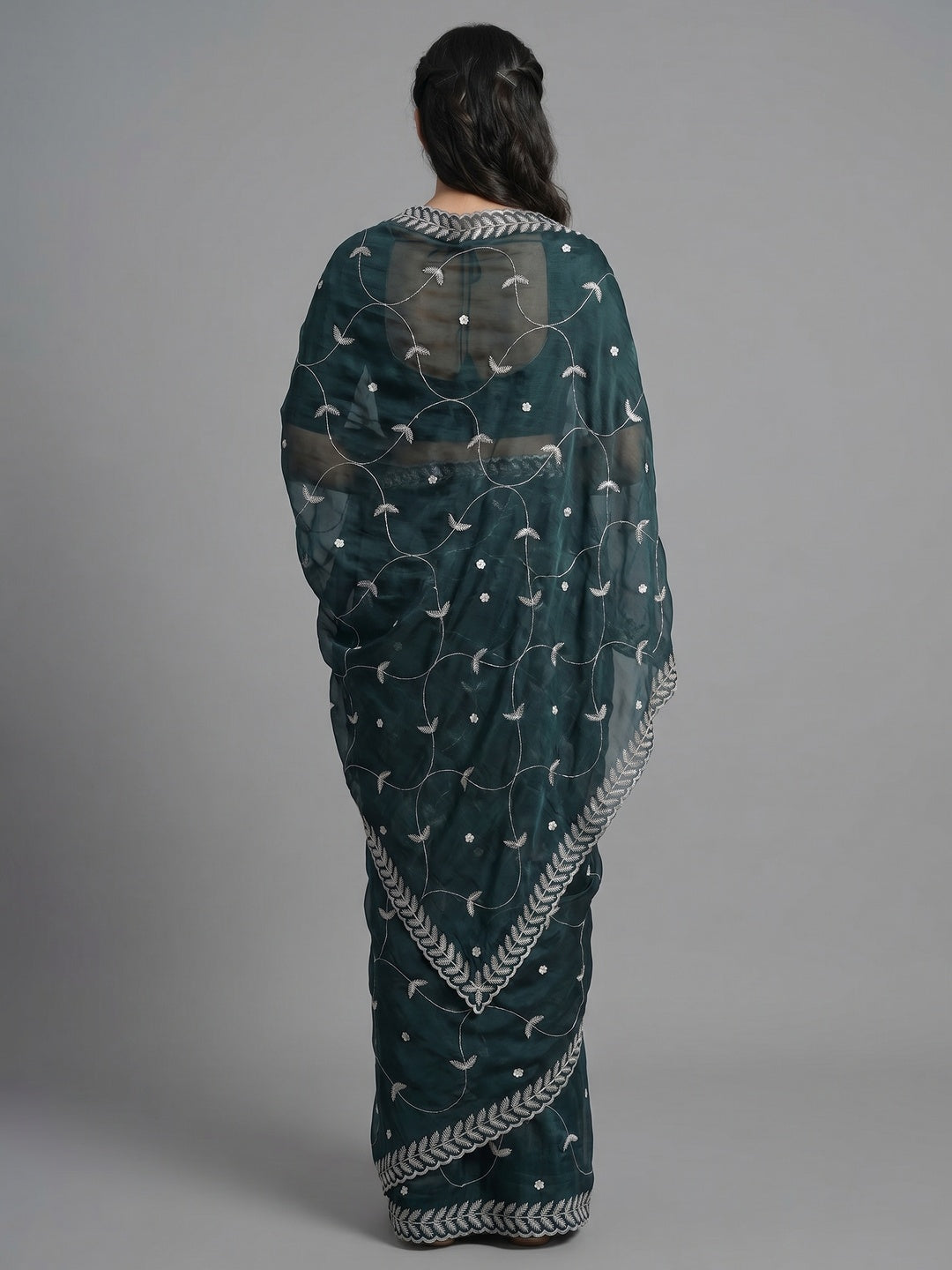 Dark Morpich Sequins Embroidered Chiffon Silk Saree - Image 2