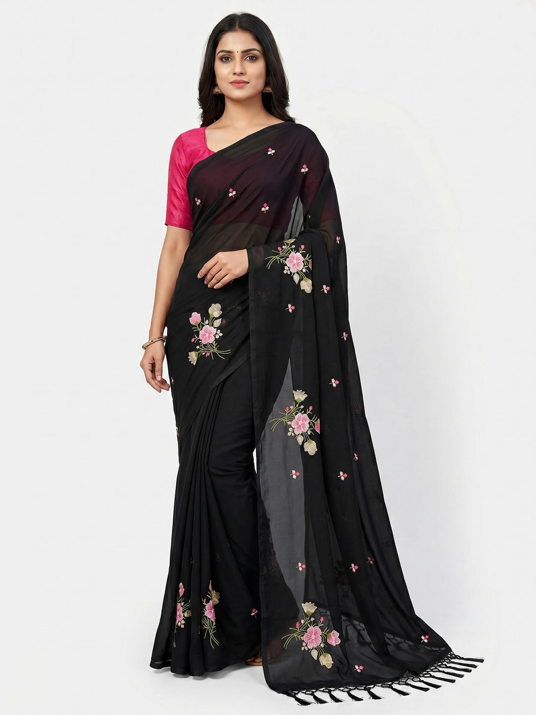 Black Floral Embroidered Art Silk Saree - Image 3