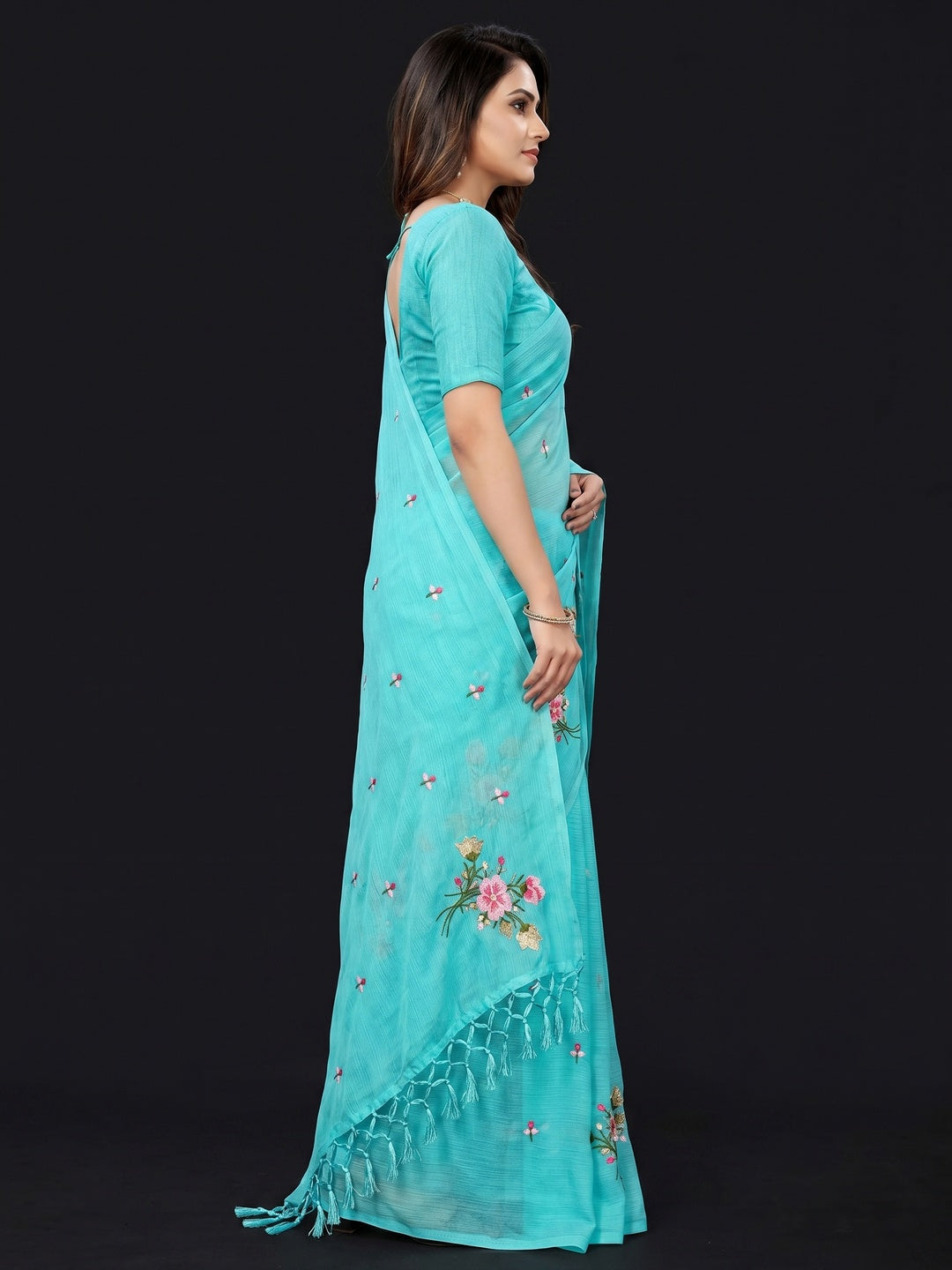 Turquoise Floral Embroidered Art Silk Saree - Image 2