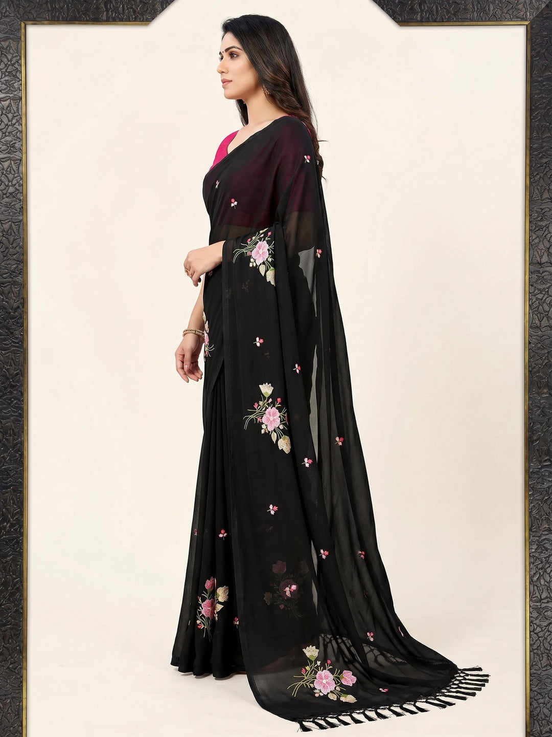 Black Floral Embroidered Art Silk Saree - Image 1