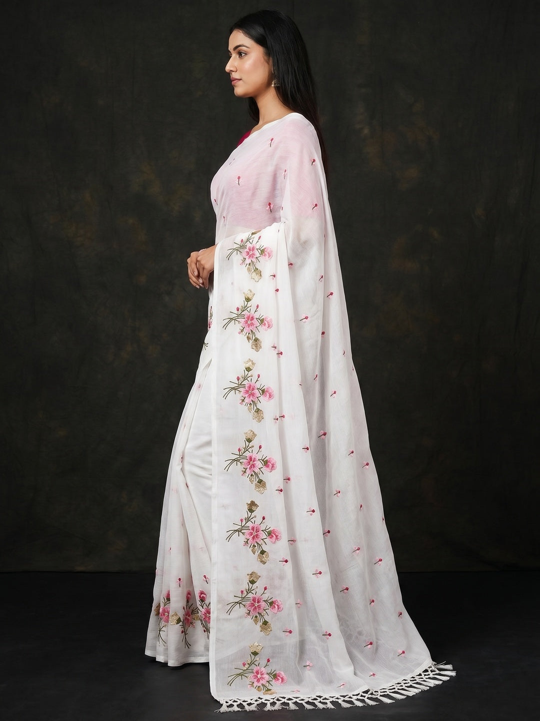 White Floral Embroidered Art Silk Saree - Image 2