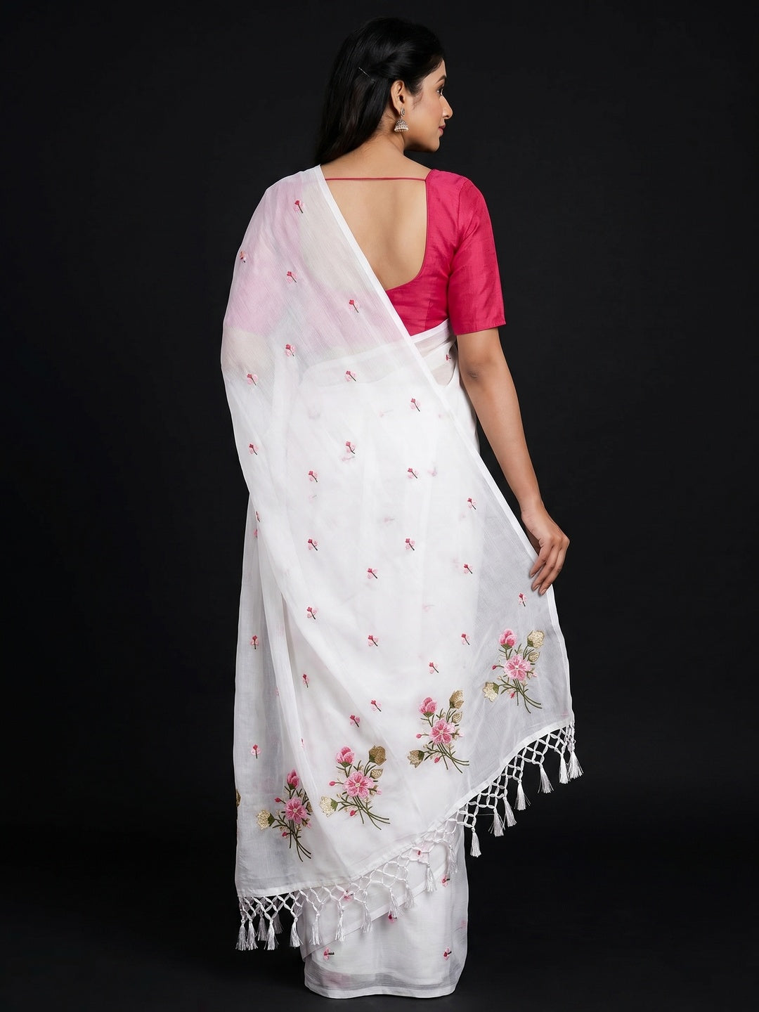 White Floral Embroidered Art Silk Saree - Image 3