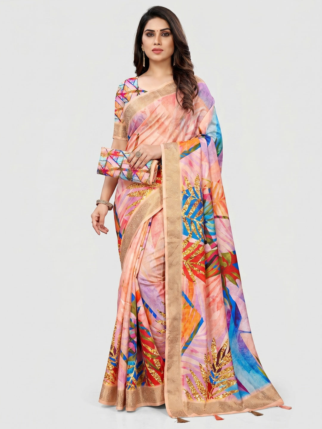 Peach Digital Printed Dola Silk Saree With Woven Border - Image 1