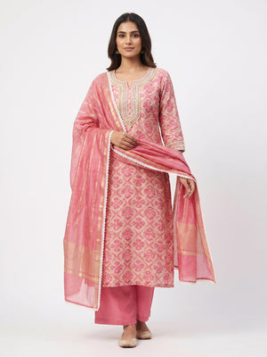 Pink Printed With Handwork Chanderi Silk Dress Material - Image 1
