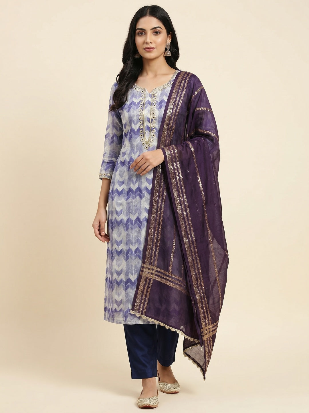 Blue Printed With Handwork Chanderi Silk Dress Material - Image 1