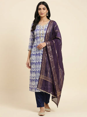 Blue Printed With Handwork Chanderi Silk Dress Material - Image 1
