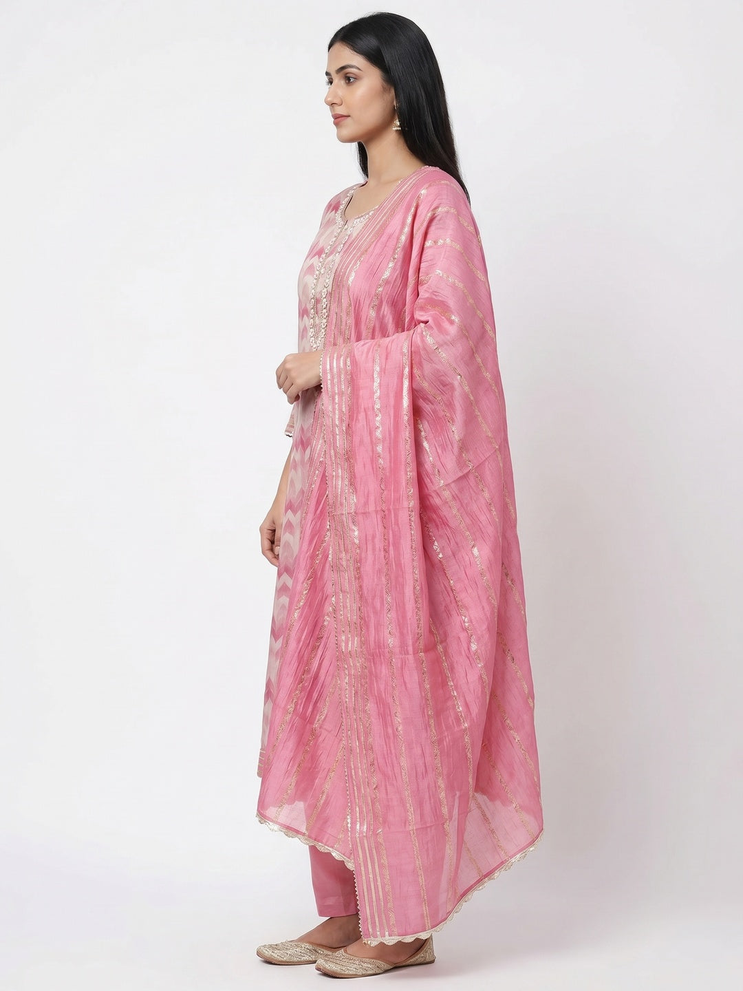 Pink Printed With Handwork Chanderi Silk Dress Material - Image 2
