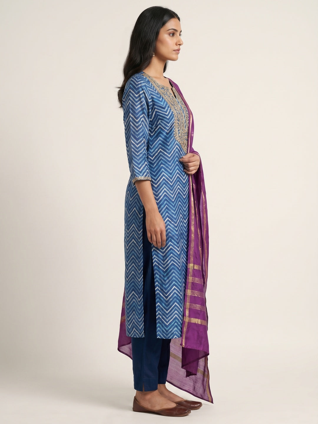 Blue Printed With Handwork Chanderi Silk Dress Material - Image 2