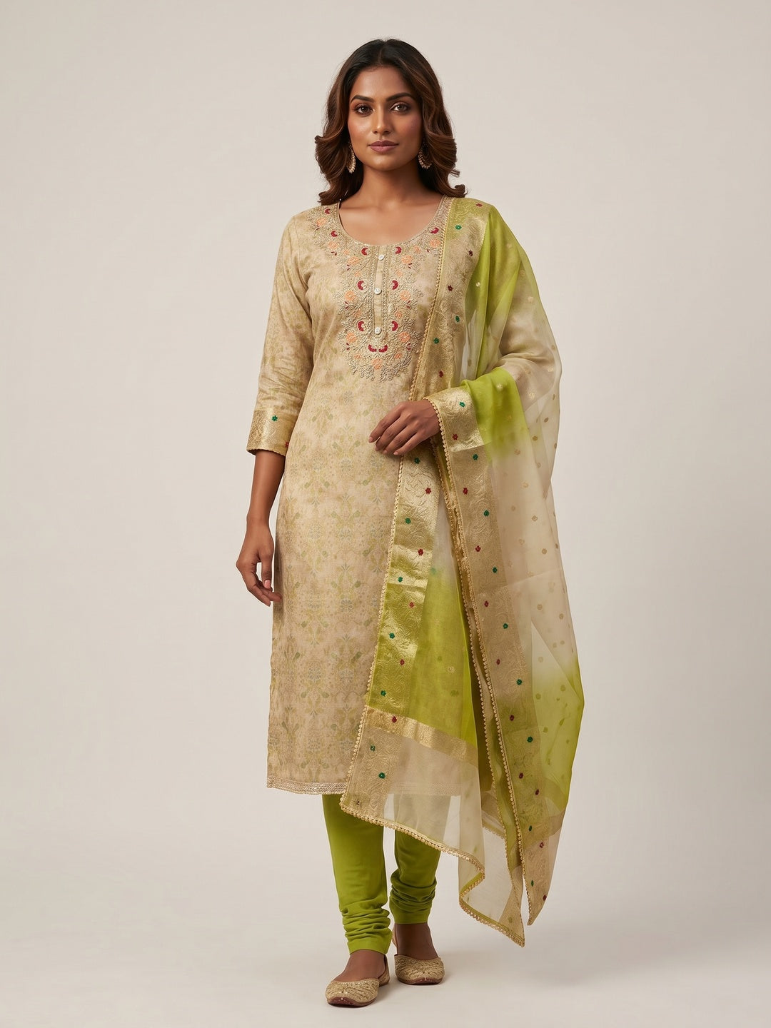 Beige & Green Floral Digital Printed With Embroidery Viscose Dress Material - Image 1