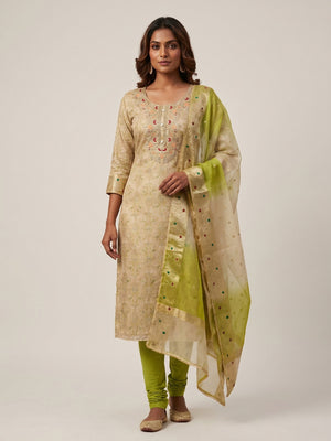 Beige & Green Floral Digital Printed With Embroidery Viscose Dress Material - Image 1