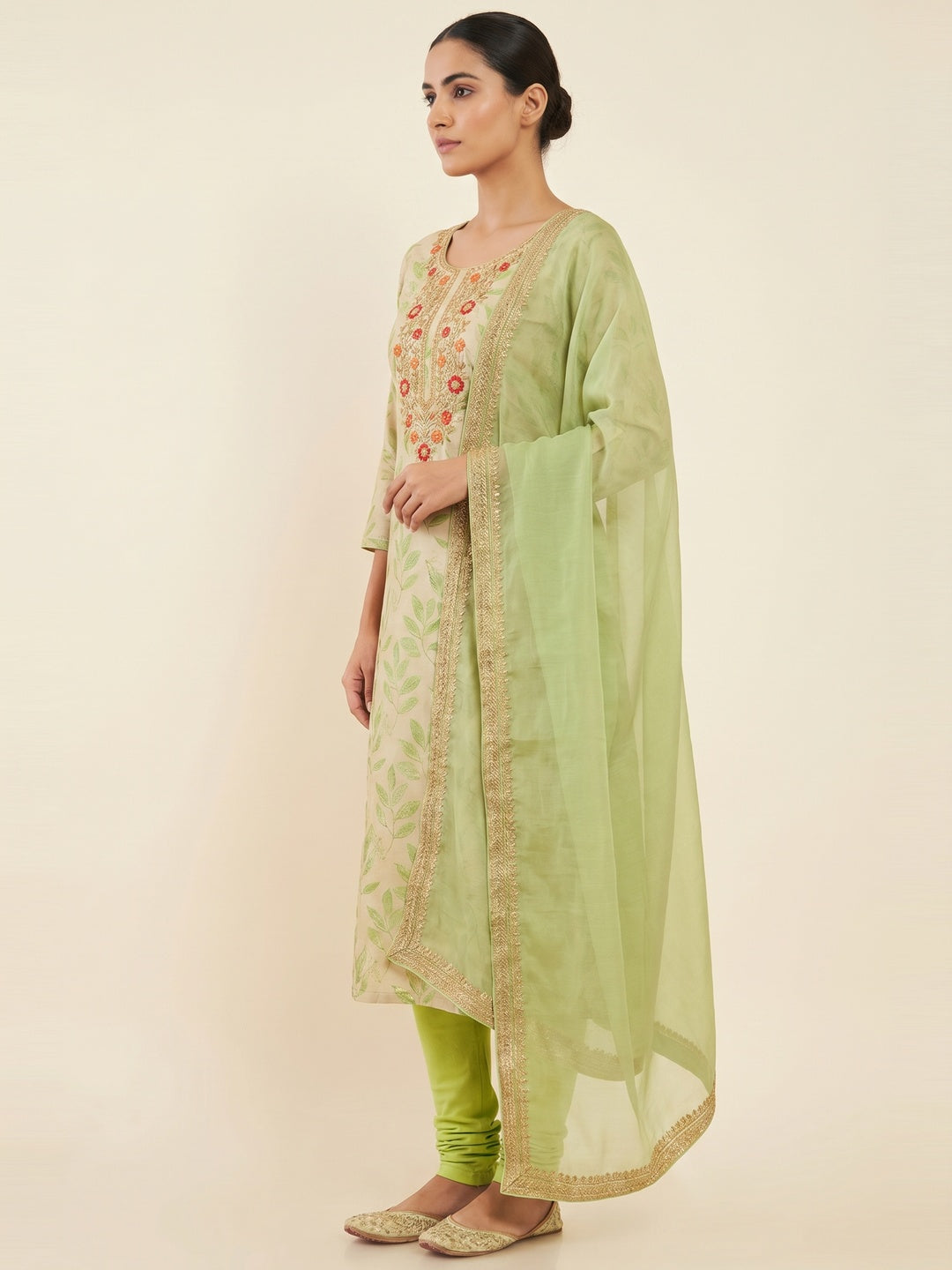 Beige & Green Floral Digital Printed With Embroidery Viscose Dress Material - Image 2