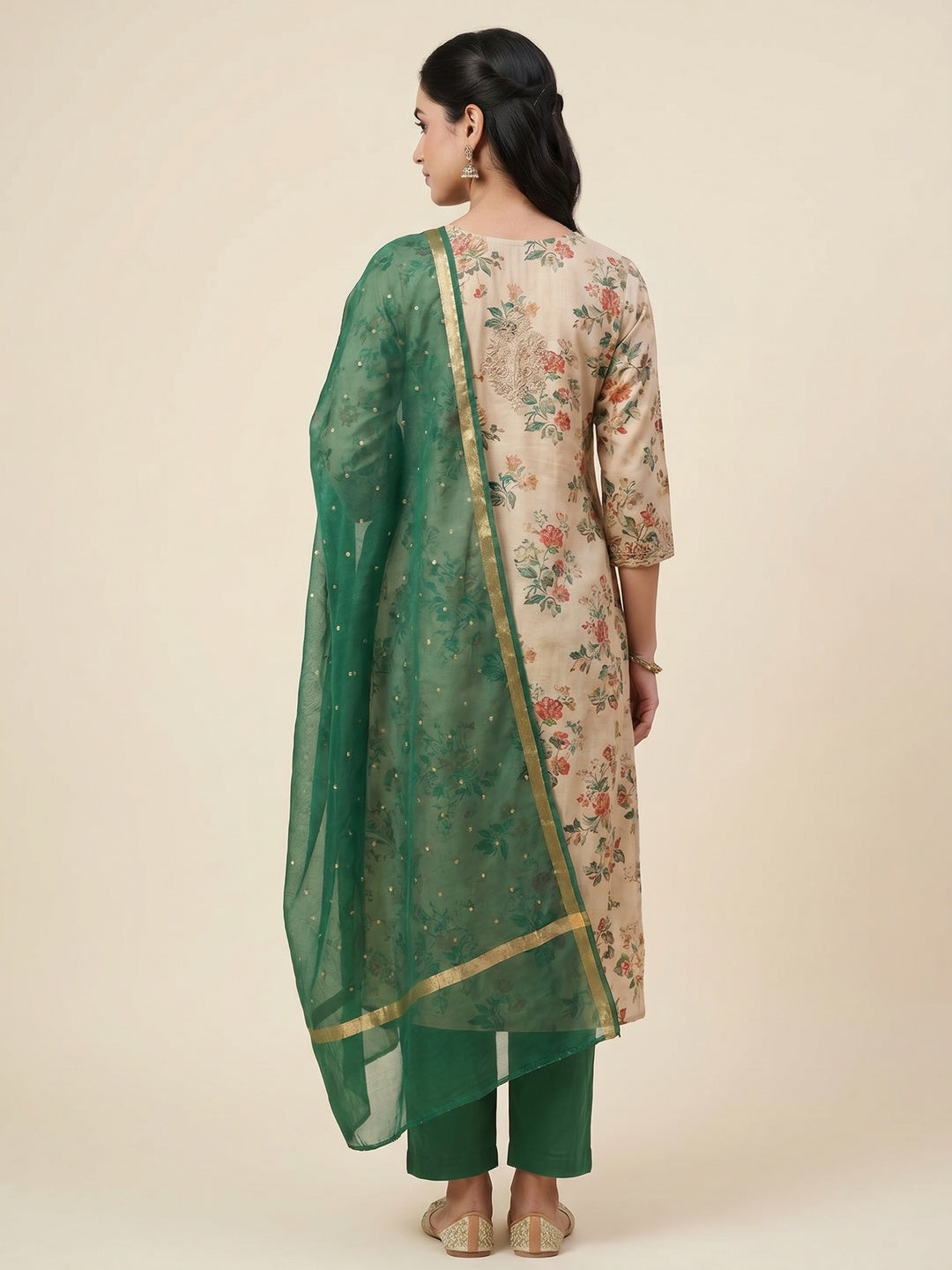 Beige & Green Floral Digital Printed With Embroidery Viscose Dress Material - Image 3