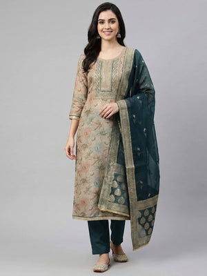 Beige Floral Digital Printed With Embroidery Viscose Dress Material - Image 1