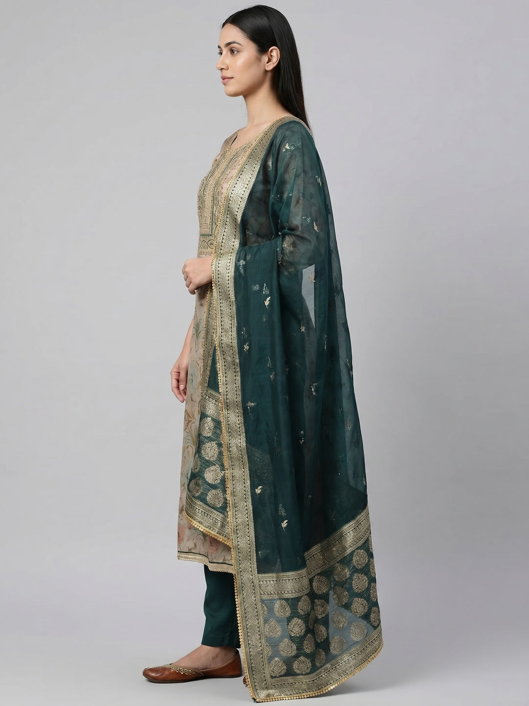 Beige Floral Digital Printed With Embroidery Viscose Dress Material - Image 2