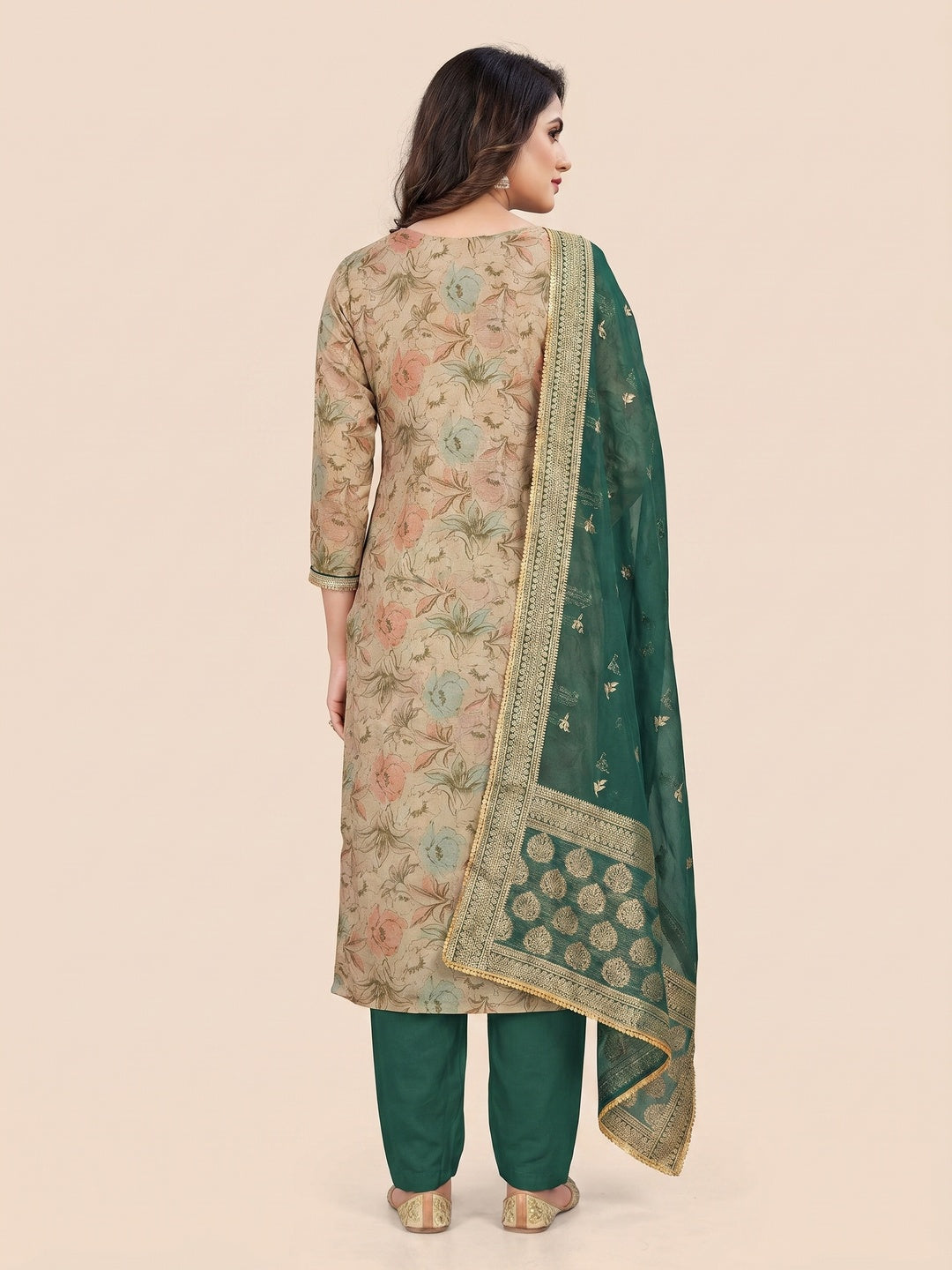 Beige Floral Digital Printed With Embroidery Viscose Dress Material - Image 3