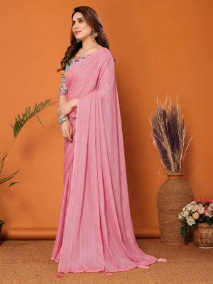 Rose Pink Woven Satin Saree With Tassels - Image 1