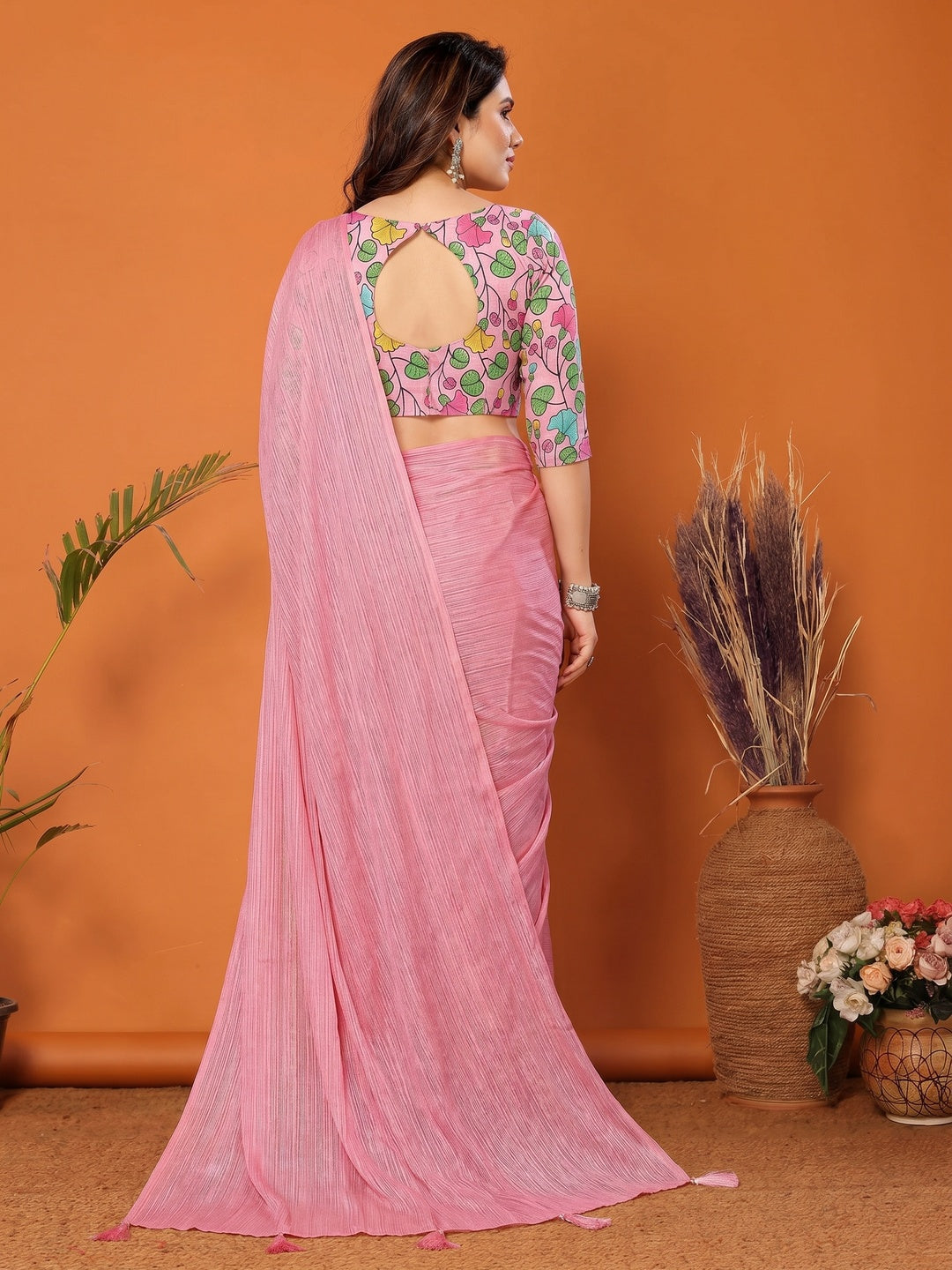Rose Pink Woven Satin Saree With Tassels - Image 2
