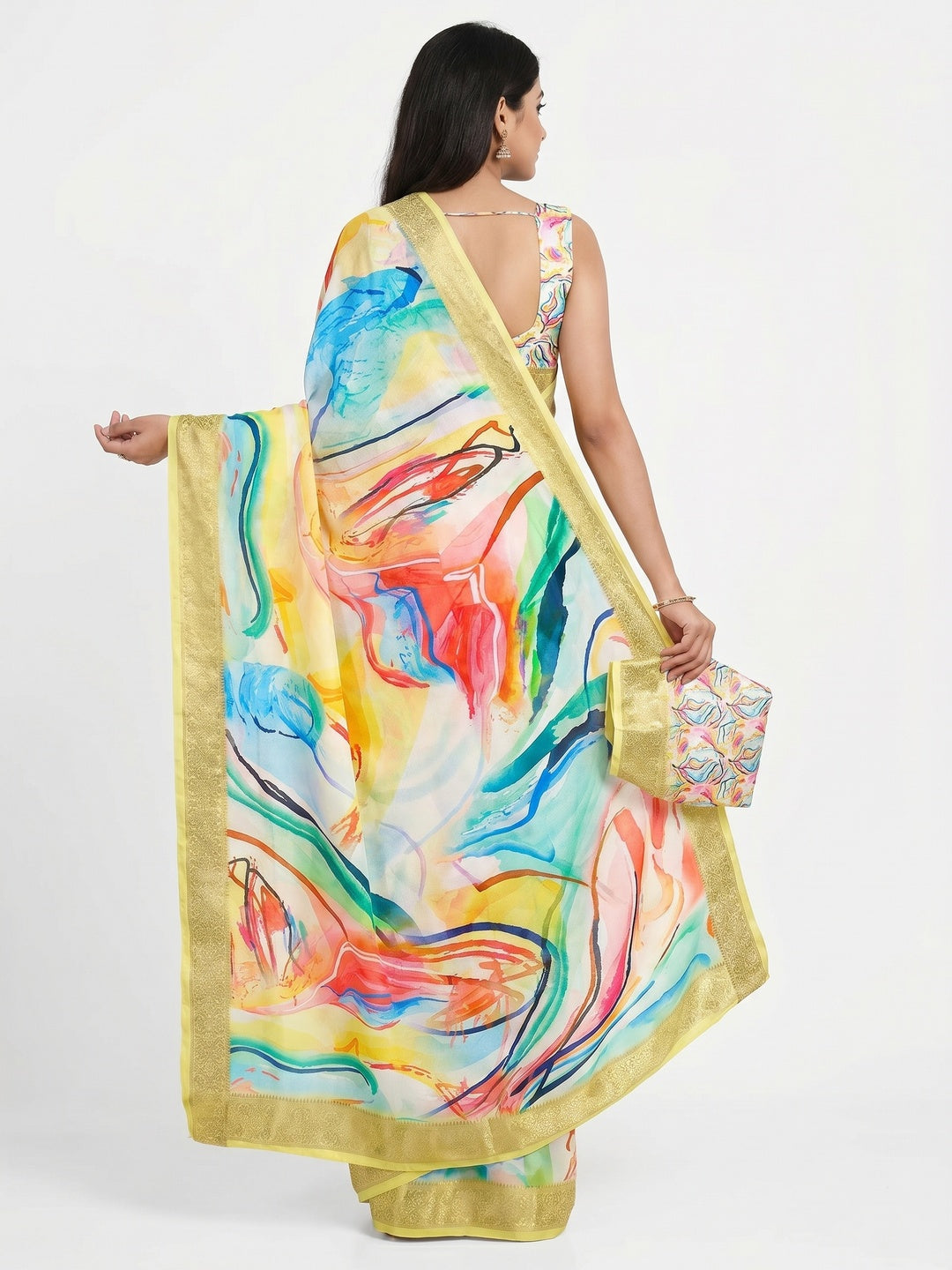Lemon Yellow Digital Printed Dola Silk Saree With Woven Border - Image 3