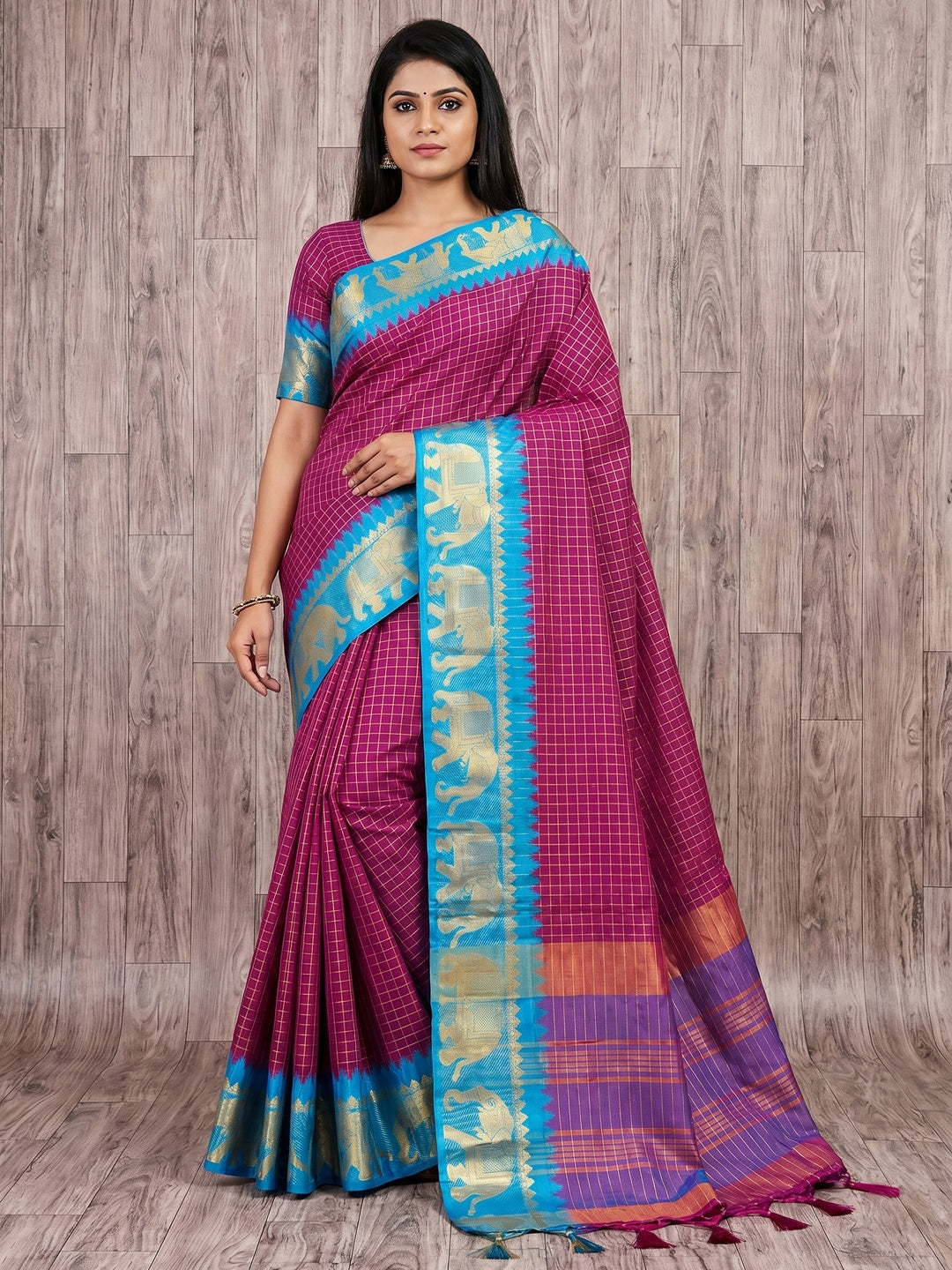 Magenta & Blue Woven Cotton Silk Saree With Tassels - Image 1