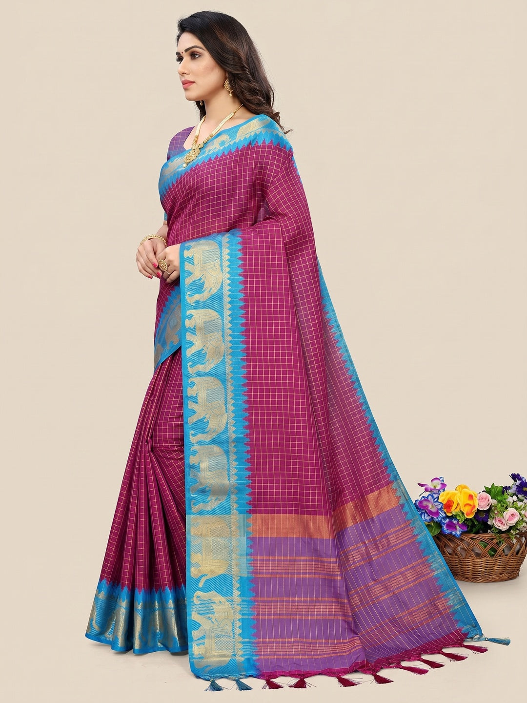 Magenta & Blue Woven Cotton Silk Saree With Tassels - Image 3