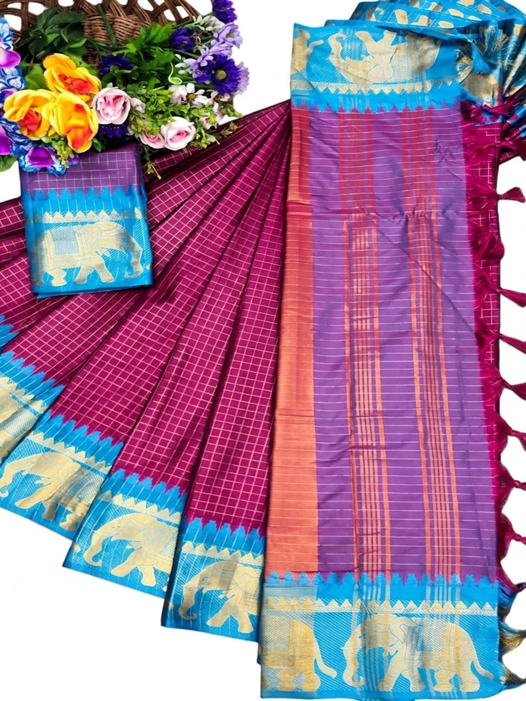 Magenta & Blue Woven Cotton Silk Saree With Tassels - Image 2