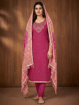 Pink Floral Sequins Embroidered Cotton Blend Dress Material - Image 1