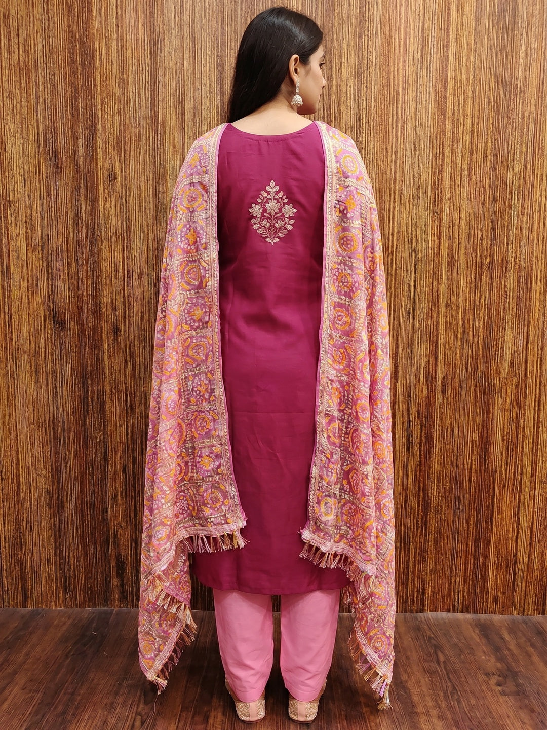 Pink Floral Sequins Embroidered Cotton Blend Dress Material - Image 3