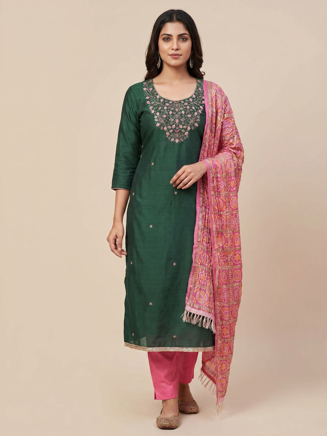 Green Floral Sequins Embroidered Cotton Blend Dress Material - Image 1