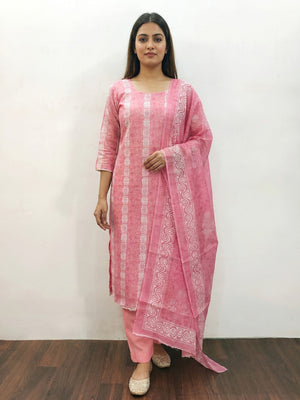 Pink Floral Printed Chanderi Dress Material - Image 1