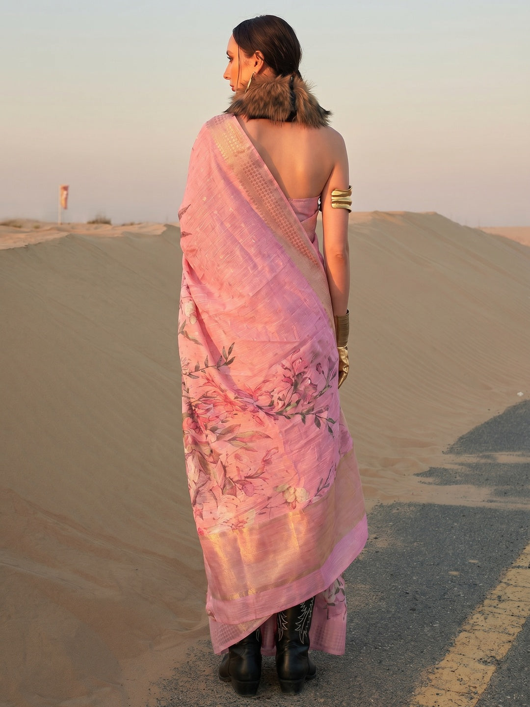 Pink Floral Digital Printed Linen Saree - Image 1