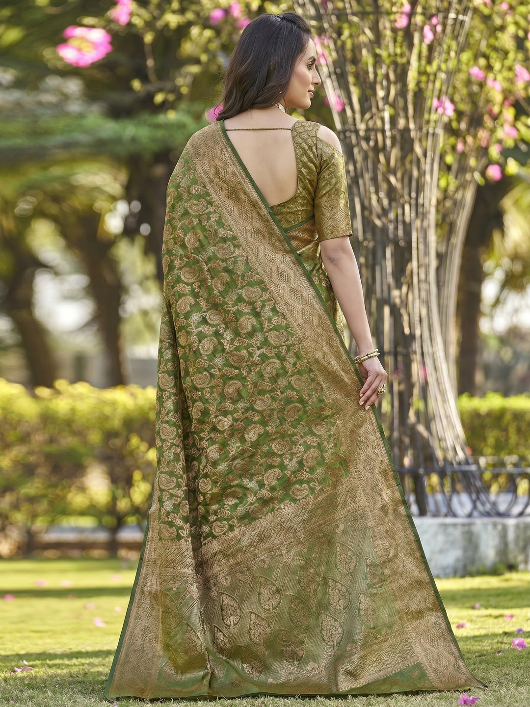 Mehandi Green Woven Organza Saree - Image 2