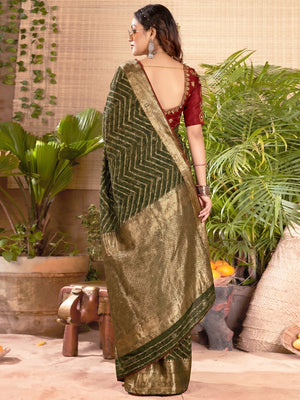 Mehendi Green Zari Printed Cotton Silk Saree With Tassels - Image 1