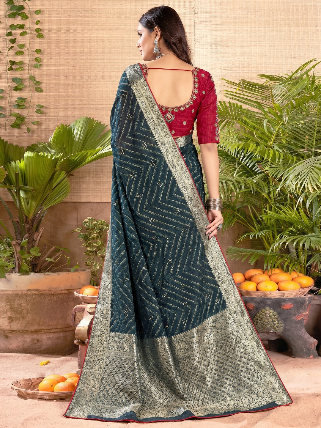 Dark Teal Zari Printed Cotton Silk Saree With Tassels - Image 1