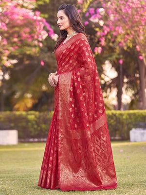 Red Woven Organza Saree - Image 1